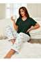 V-Neck Short Sleeve Pajama Set with Floral Print Trousers - 5
