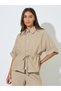 Beige Solid Drawstring Waist Zip-Up Shirt - 3