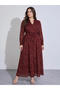 Plus Size Burgundy Tie-Up Waist Jacquard A-Line Maxi Dress