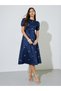 Navy Blue Floral Embroidery Puff Sleeves Satin Midi Dress - 2