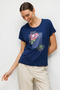 Women's Crew Neck Combed Cotton T-Shirt with Sequin Roses on the Front, Navy Blue - 3