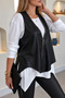 Women's Zippered Leather Vest and Asymmetrical Cut Long Sleeve Viscose Blouse Double Set - 3