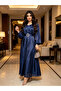 Dark Blue A-Line Ankle-Length Dress with Long Sleeves - 3