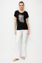 Women's Crew Neck Combed Cotton T-Shirt with Sequin Roses on the Front, Black - 5