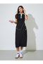 Black Textured Contrast Trims Shirt Midi Dress