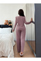 Ribbed Knit Pajama Set with Lace V-Neck - 3