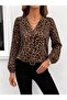 Women's long sleeve v-neck pleated front leopard print supreme blouse - 3