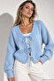 Women's Blue Knitwear Tie-Up Balloon Sleeve Soft Textured Sweater