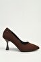 Brown Satin Textured Pointed Toe Thin Heel Shoes Pc-56068