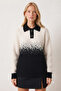 Women's Ecru Black Patterned Knitwear Sweater Polo Collar Buttoned Long Sleeve Stylish Knit Sweater - 8