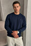 Men's Loose Textured Flare Navy Blue Sweatshirt - 2