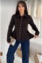 Women's Gold Buttoned Shirt Collar Waist Fitted Flounce Peplum Long Sleeve Blouse