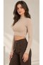 Women's Beige Color Stand Collar Long Sleeve Viscose Crop Blouse with Baby Overlock Detail - 4
