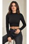 Women's Black Stand Collar Long Sleeve Baby Overlock Detailed Viscose Crop Blouse - 2
