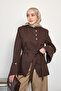 Women's Hakim Collar Gold Button Detail Asymmetrical Jacket Brown - 5