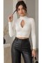 Women's Ecru Color Stand Collar Long Sleeve Window Detailed Shirred Camisole Fabric Crop Blouse - 7