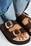 Machavel Women's Leather Genuine Leather Double Buckle Brown Slippers - 4