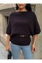 Women's Brown Belt Detail Short Sleeve Boat Neck Knitwear Blouse - 7