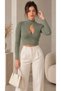Women's Cagla Color High Collar Window Detailed Shirred Camisole Fabric Crop Blouse - 5