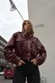 New Season Women's Oversize Stand Collar Epaulettes Burgundy Leather Jacket - 2