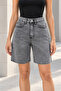 High Waist Acid Wash 100% Cotton Denim Bermuda Shorts - 2