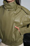 Women's Khaki Oversize Stand Collar Zippered Epaulet Detailed Elastic Waist Faux Leather Bomber Jacket - 7