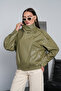 Women's Khaki Oversize Stand Collar Zippered Epaulet Detailed Elastic Waist Faux Leather Bomber Jacket - 3