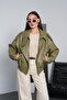 Women's Khaki Oversize Stand Collar Zippered Epaulet Detailed Elastic Waist Faux Leather Bomber Jacket - 4