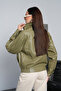 Women's Khaki Oversize Stand Collar Zippered Epaulet Detailed Elastic Waist Faux Leather Bomber Jacket - 6