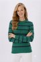 Women's Soft Textured Green Navy Blue Striped Knitwear Sweater Crew Neck Long Sleeve Knitted Sweater