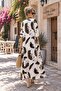 Muslin Pocketed Buttoned Crew Neck Leaf Patterned Women's Dress - 4
