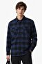 Men's Relaxed Fit Button-Down Linen Shirt Comfortable Cut Cotton Checkered Men's Shirt Navy Blue - 2