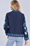 Women's Dark Blue Floral Embroidered Ethnic Patterned Denim Jeans Jacket Kimono - 5