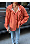Women's Orange Snap Button Checkered Hooded Oversized Raincoat - 5