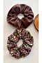 Elastic Hair Tie 2-Piece Set Brown Plain and Floral Patterned Ruffled Fabric Scrunchie Hair Tie Non-Damaging Elastic Hair Tie - 4
