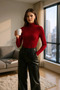 Women's Burgundy Finger Detailed Stretchy Long Sleeve Bodysuit - 2