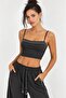 Anthracite Staple Embroidered Oversize Crop Cardigan & Thin Strap Tank Top Two-Piece Set - 2