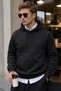 Men's Winter 3-Strand Fleece Hooded Oversize Sweatshirt with Cut-Out Pockets - Black - 7