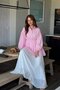 Women's Casual Gathered Striped Pink Balloon Sleeve Shirt - 4