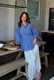 Women's Casual Gathered Striped Blue Balloon Sleeve Shirt - 6