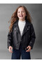 Lcw Kids Black Plain Loose & Baggy Girls' Leather Look Jacket with Nevavm Difference