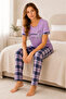 Cotton Combed Summer Printed Short Sleeve Pajama Set with Crew Neck and Plaid Pattern - Lilac - 2