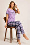 Cotton Combed Summer Printed Short Sleeve Pajama Set with Crew Neck and Plaid Pattern - Lilac - 4