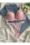 Women's lace stone underwire support padded push-up bra set lingerie set triple set - 2