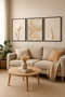 Natural Wood Framed 3-Piece Minimal Floral and Marble Pattern Wall Decor Painting Set for Living Room, Bedroom, Entrance, Kitchen