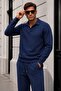 Men's Navy Blue Crep Polo Collar Sweat & Baggy Pants Bottom Top 2-Piece Set Ls-39174 - 2
