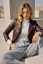 Women's Double-Breasted Collar Faux Leather Coat - Burgundy