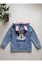 Girls' Minnie Themed Hooded Pink Denim Jacket with Inner Fleece - 3