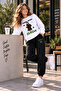 Girl's Manifest Sueda Printed White Sweatshirt Black Tracksuit 2-Piece Set