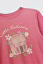 Girl's Crew Neck Patterned Pink Pajama Set - 4